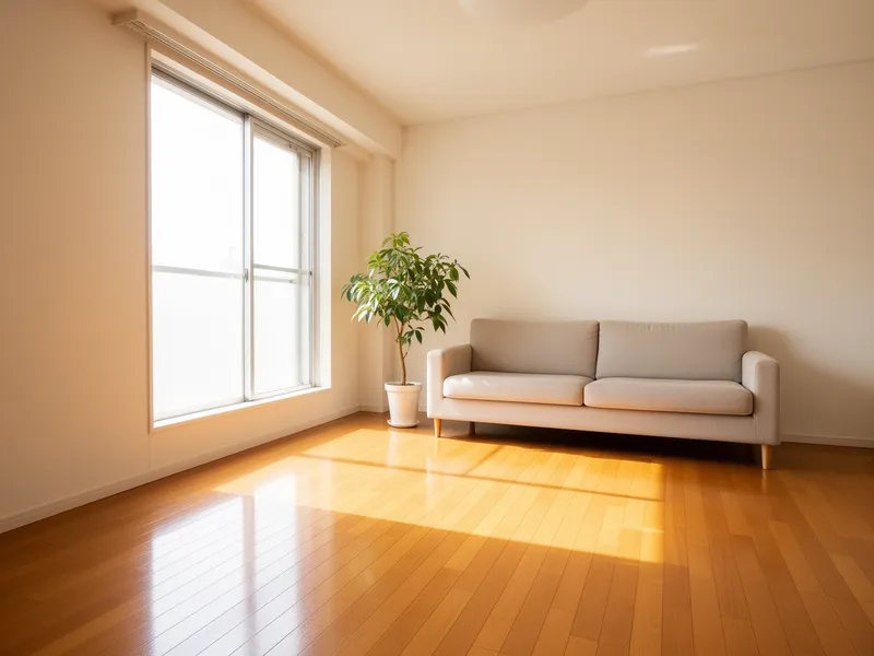 Ein aufgeräumtes Wohnzimmer mit polierten Holzböden, minimalistischem Sofa und Topfpflanze vor sonnendurchflutetem Fenster.