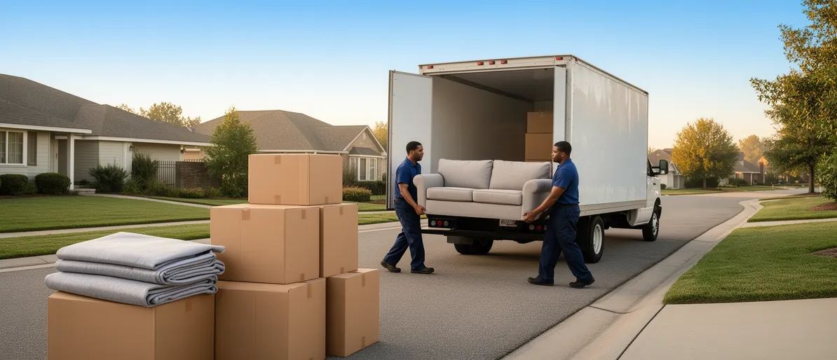 Ein Team von Umzugshelfern trägt ein Sofa zu einem unmarkierten Transporter vor einem Wohnhaus.