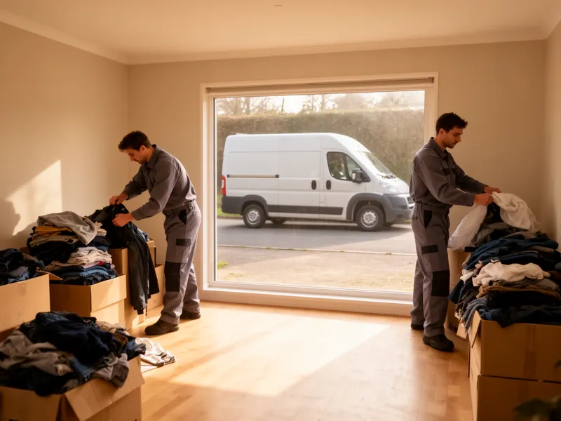Zwei Arbeiter in grauer Arbeitskleidung räumen einen sonnendurchfluteten Wohnraum auf, ein Transporter steht draußen.