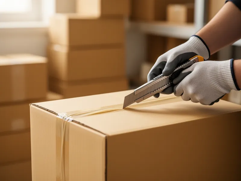 Behutsam öffnet eine behandschuhte Hand mit einem Cuttermesser einen versiegelten Karton.