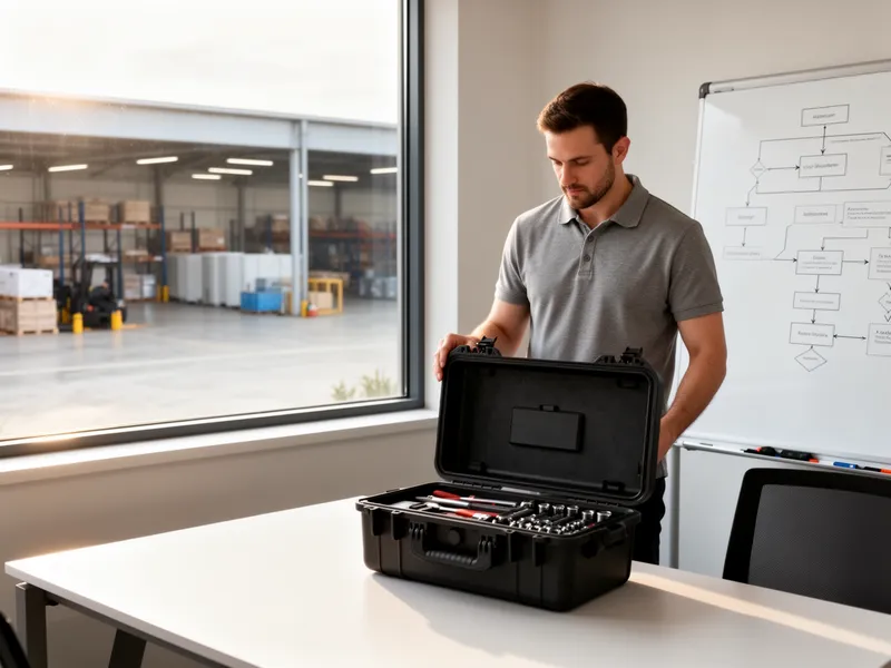 Ein Teamleiter in einem grauen Polohemd prüft einen digitalen Werkzeugkoffer in einem hellen Büro mit Blick auf ein Lager.