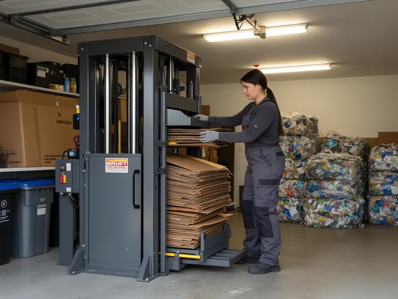 Ein Fachmann in dunkelgrauer Arbeitskleidung bedient einen Kartonspresse in einer aufgeräumten Garage.