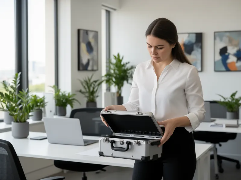 Eine Büroleiterin prüft einen digitalen Werkzeugkoffer in einem modernen, aufgeräumten Büro mit großen Fenstern.