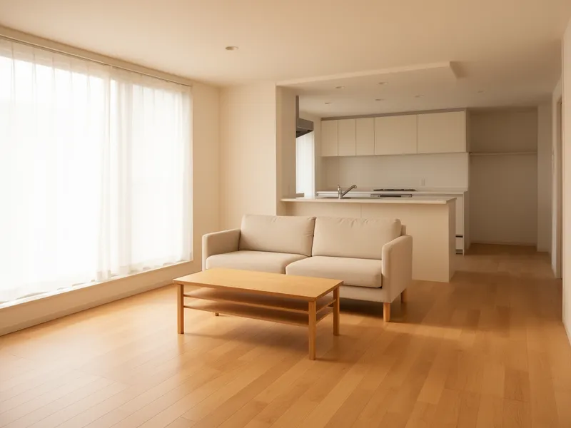 Ein aufgeräumtes Wohnzimmer mit minimalistischer Einrichtung und offener Küche in ruhigem Morgenlicht.