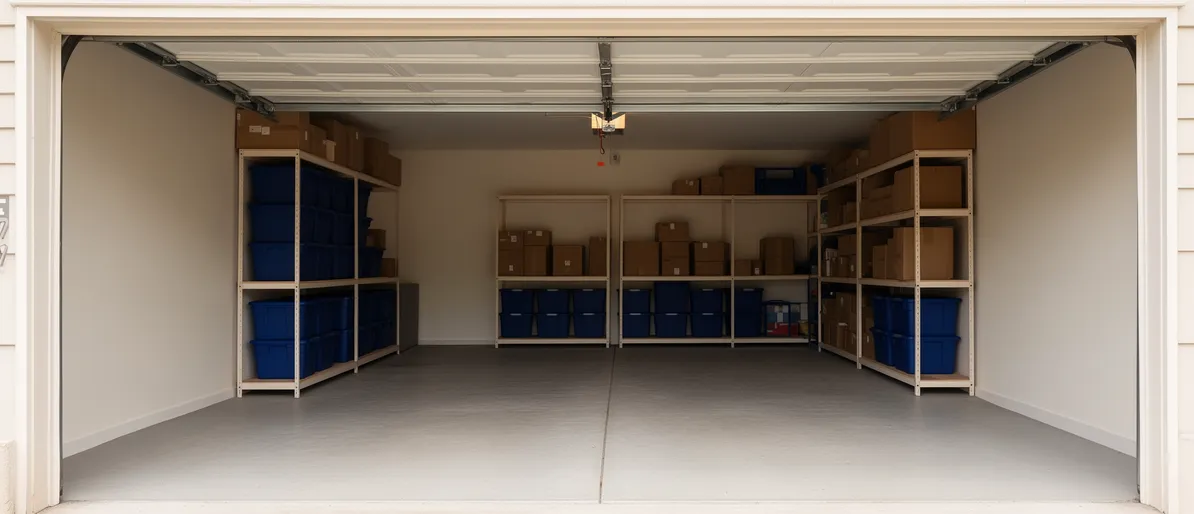 Eine aufgeräumte Garage mit geordneten Regalen und blauen Aufbewahrungsboxen auf neutralem Hintergrund.