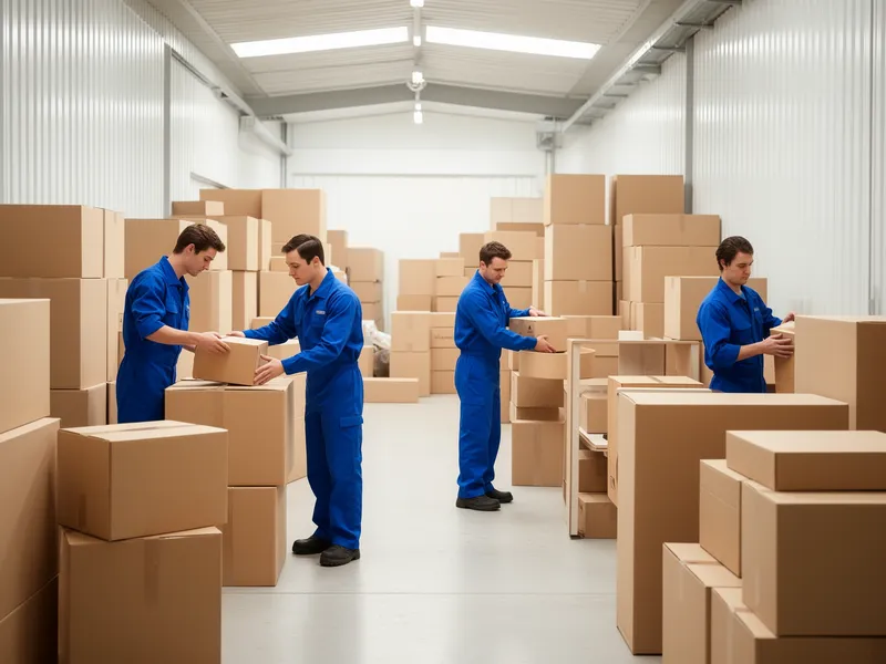 Arbeiter in blauen Uniformen organisieren Möbel und Kartons in einem hellen Lagerhaus.