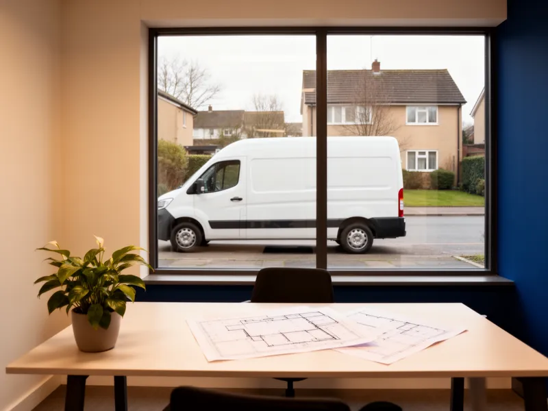 Ein minimalistisches Büro mit Schreibtisch und Pflanze, durch das Fenster ist ein weißer Lieferwagen auf einer ruhigen