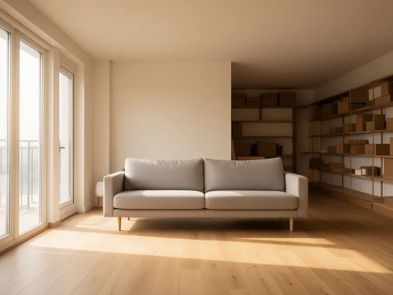 Ein aufgeräumtes Wohnzimmer mit minimalistischer Einrichtung und Sonnenlicht durch große Fenster.