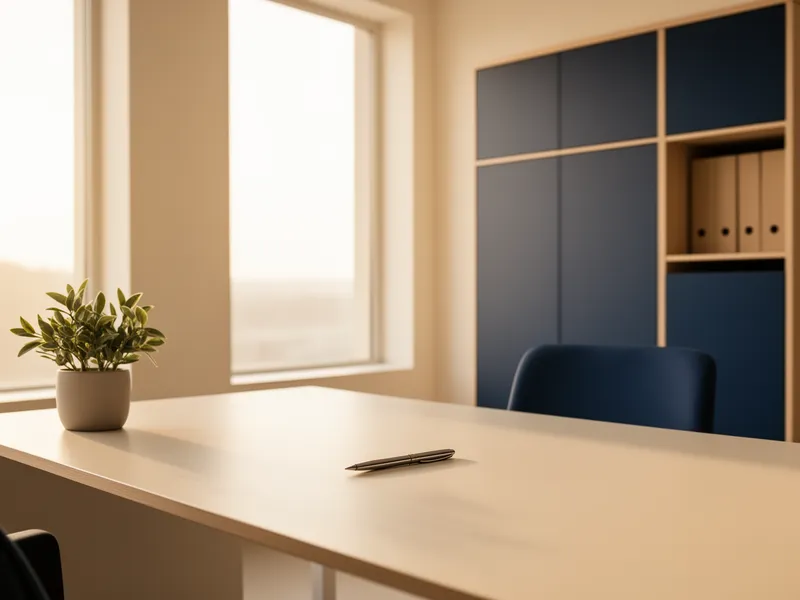 Ein minimalistischer Büroraum mit einem aufgeräumten Schreibtisch, einer Pflanze und einem Stift vor einem hellen Fenster.