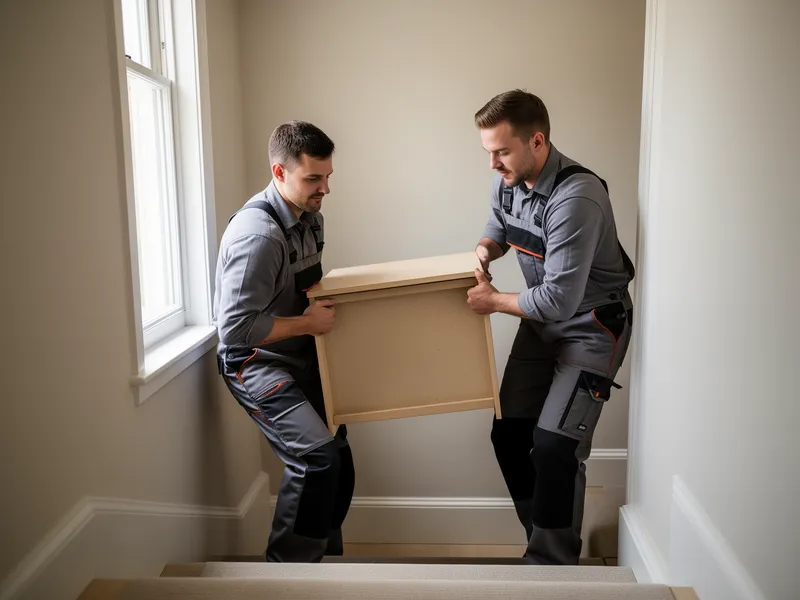Zwei Arbeiter tragen ein großes Möbelstück eine Treppe in einem Wohnhaus hinab.