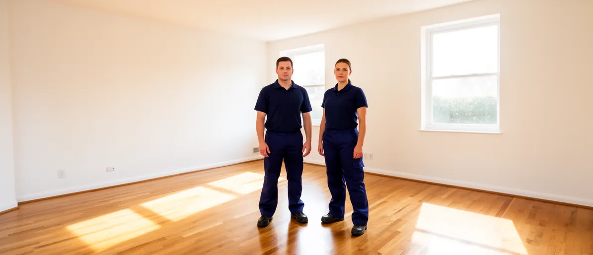 Zwei Reinigungskräfte in blauer Arbeitskleidung in einem leeren, sonnendurchfluteten Wohnzimmer mit polierten Holzböden.