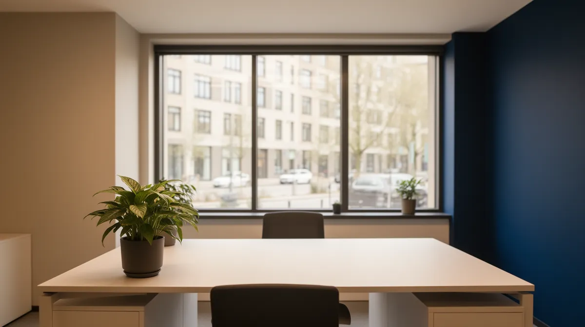 Ein minimalistischer Schreibtisch mit Pflanze in einem modernen Büro mit Blick auf eine städtische Straße.