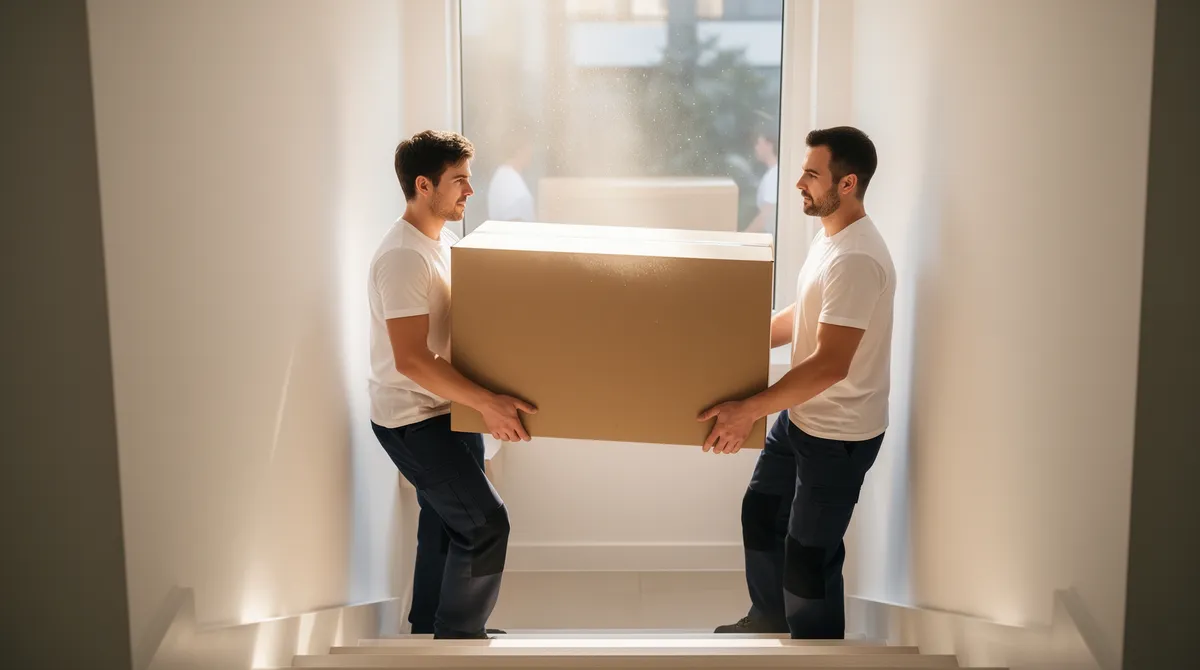 Zwei Umzugshelfer tragen einen großen Karton eine helle Treppe in einer modernen Wohnung hinunter.