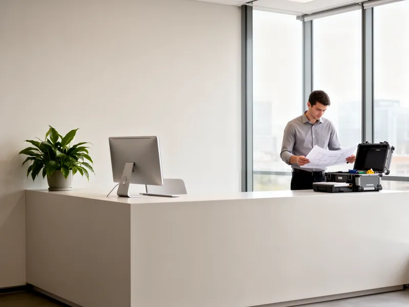 Ein modernes Büro mit Empfangstheke, Mitarbeiter am Fenster und minimalistischer Einrichtung in ruhigem Tageslicht.