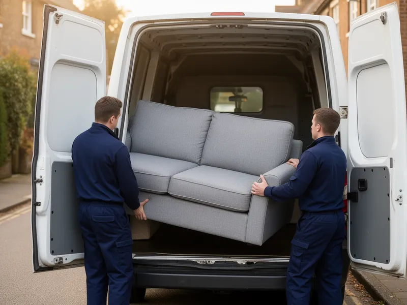 Zwei Umzugshelfer in blauer Arbeitskleidung laden ein großes Sofa in einen weißen Transporter.
