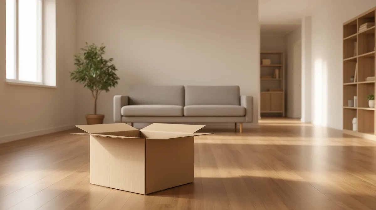 Ein aufgeräumtes Wohnzimmer mit leeren Umzugskartons, minimalistischer Einrichtung und sanftem Morgenlicht