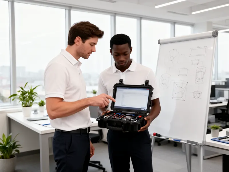 Ein Teamleiter und ein Kollege prüfen einen Werkzeugkoffer in einem hellen, modernen Büro.