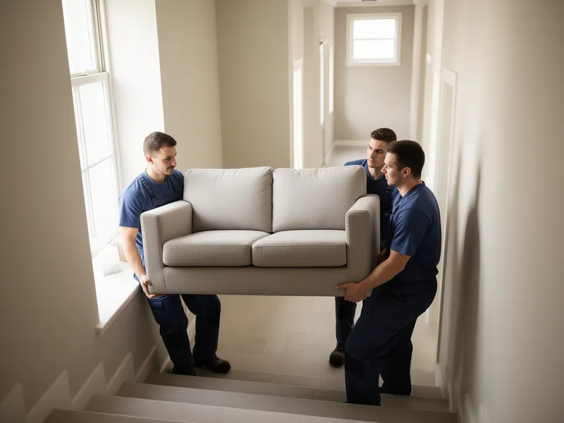 Drei Umzugshelfer tragen ein großes Sofa eine helle Treppe in einem Wohnhaus hinunter.