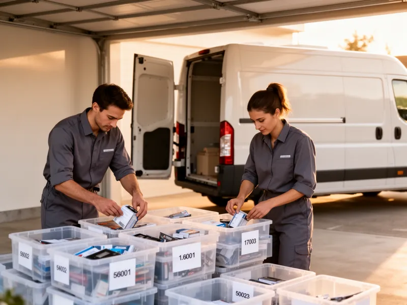 Zwei Arbeiter sortieren Gegenstände in beschriftete Boxen in einer hellen, aufgeräumten Garage.