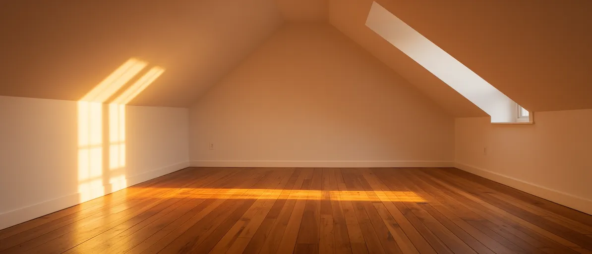 Ein leerer Dachboden mit frisch gesaugten Holzdielen, von goldenem Abendlicht erhellt.