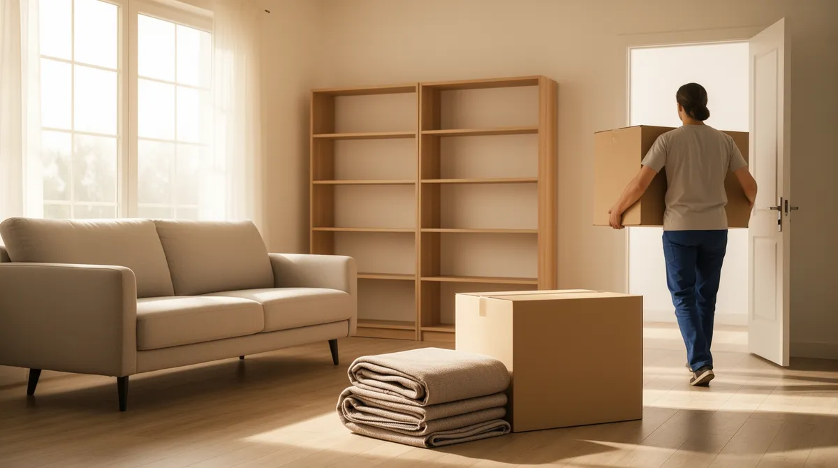 Ein aufgeräumtes Wohnzimmer mit minimalistischer Einrichtung, in dem eine Person eine leere Kiste zur Tür trägt.