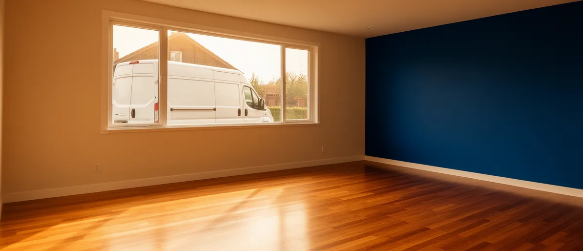 Ein leerer, aufgeräumter Wohnzimmer mit polierten Holzböden, durch große Fenster fällt warmes Nachmittagslicht herein.