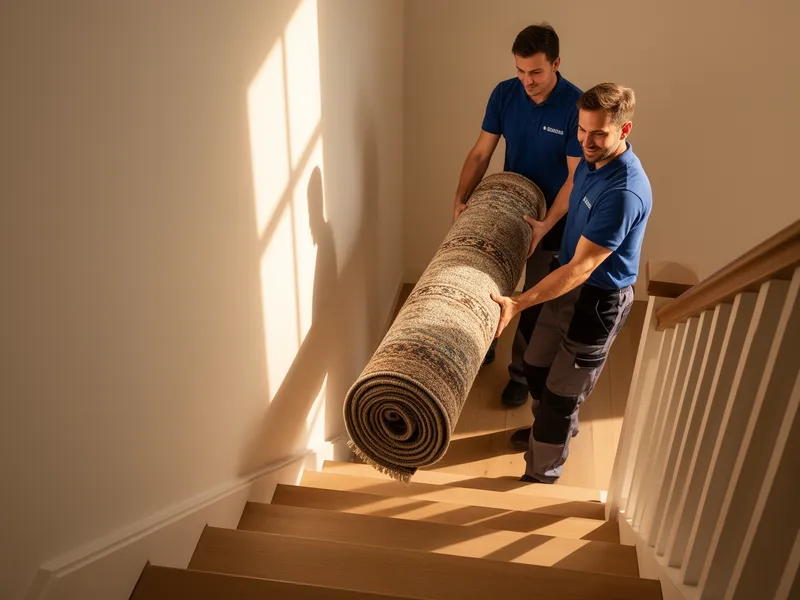 Zwei Arbeiter tragen vorsichtig einen großen gerollten Teppich eine sonnenbeschienene Treppe hinunter.