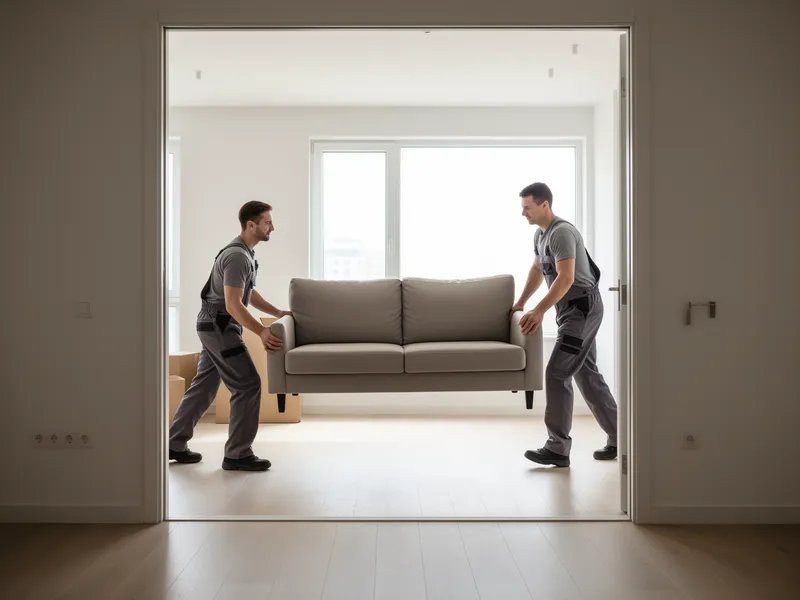 Zwei Umzugshelfer tragen ein großes Sofa durch eine helle Tür in eine moderne Wohnung.
