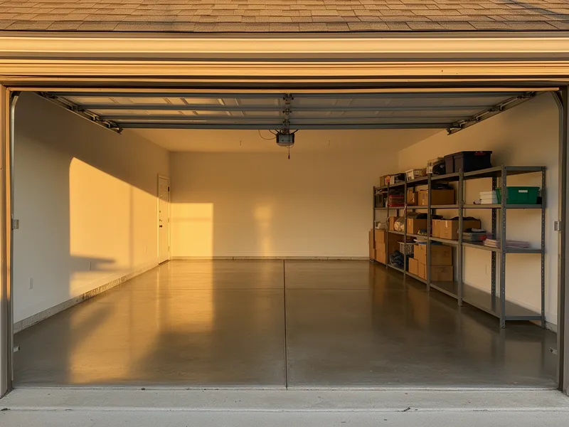 Ein leerer, sauberer Garagenraum mit poliertem Betonboden und Regalen im warmen Morgenlicht.