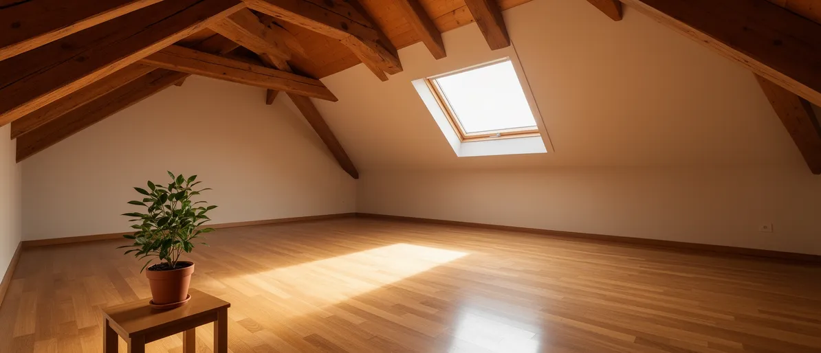Ein leerer Dachboden mit polierten Holzböden, einem Tisch mit Topfpflanze und Morgenlicht durchs Fenster.