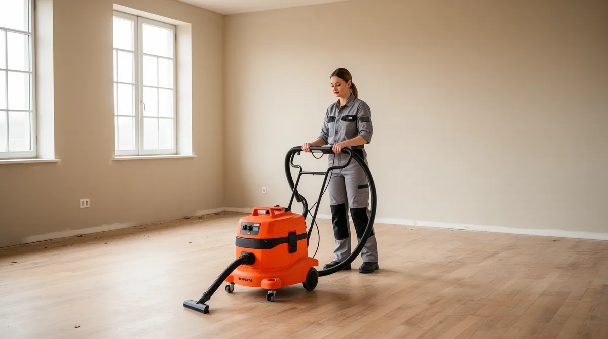 Eine Arbeiterin bedient einen orangefarbenen Industriesauger in einem leeren Raum mit Holzboden und großen Fenstern.