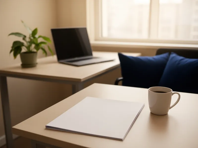 Ein aufgeräumter Schreibtisch mit geschlossenem Laptop, Ordner und Kaffeetasse in einem neutralen Büro