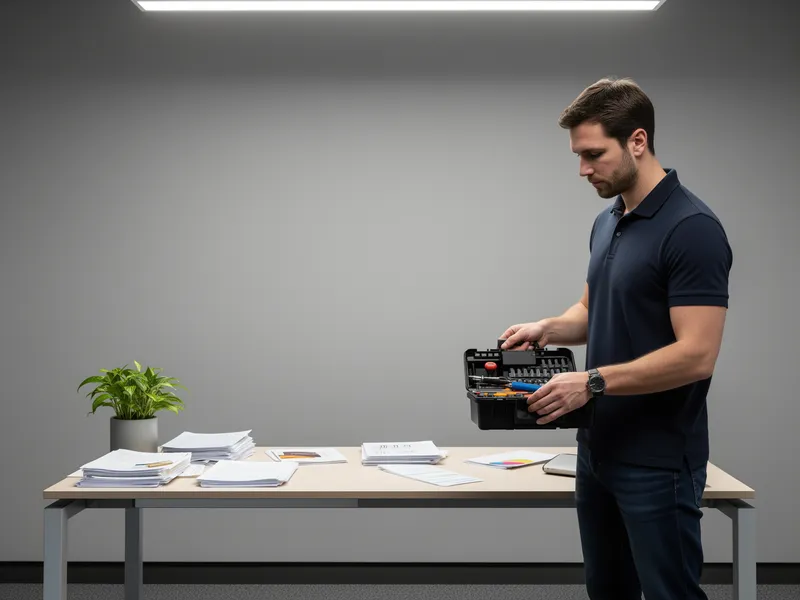 Ein professioneller Mann in einem Polohemd prüft einen schlichten Werkzeugkoffer in einem ordentlichen Büro.
