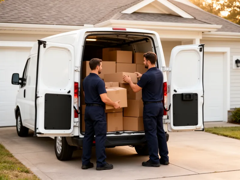 Zwei Arbeiter in einheitlichen Uniformen laden Kartons in einen weißen Transporter vor einem Vorstadthaus.