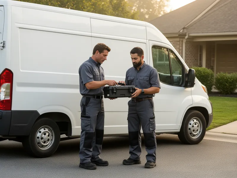 Zwei Arbeiter in einheitlicher Kleidung prüfen einen Werkzeugkoffer neben einem Transporter in einer Vorstadtstraße.