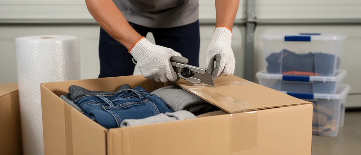 Handschuhtragende Hände öffnen mit einem Cutter einen Umzugskarton in einer sauberen Garage.