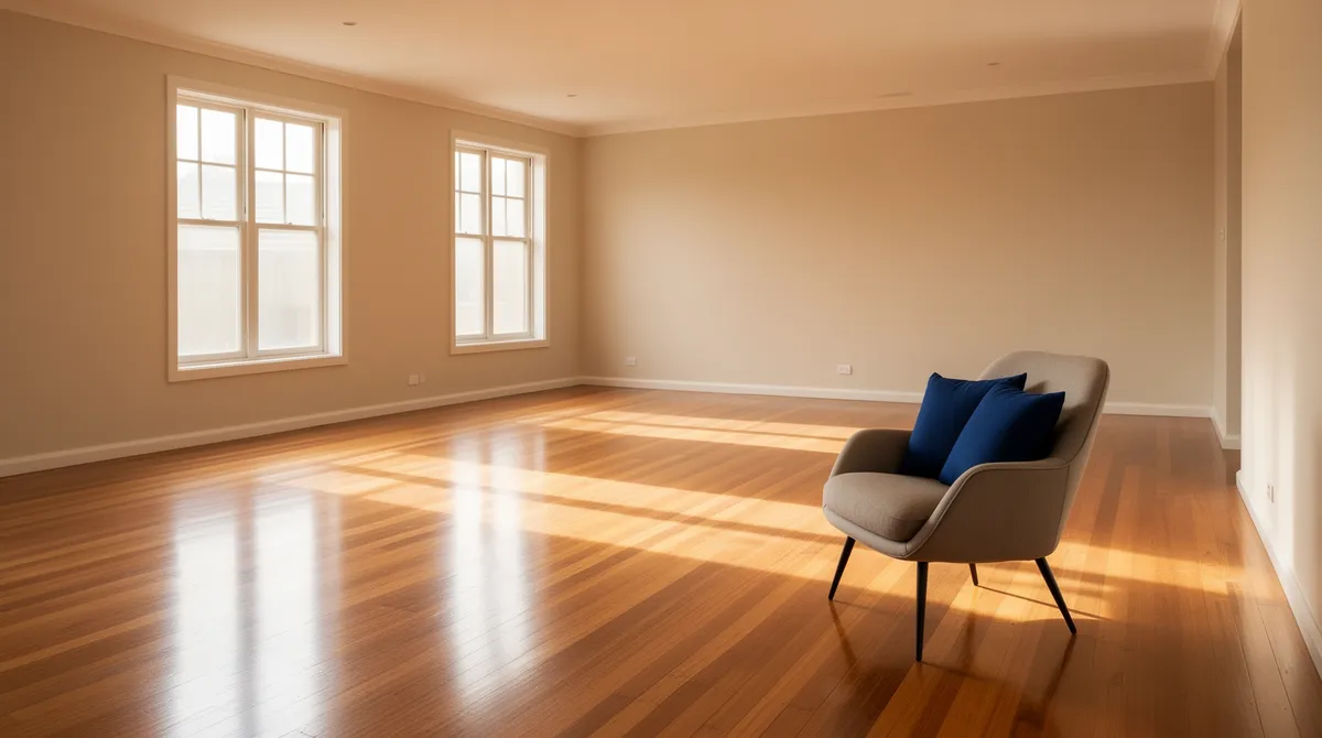 Ein leerer, sonnendurchfluteter Wohnraum mit polierten Dielen und einem modernen Sessel in neutralen Farben.