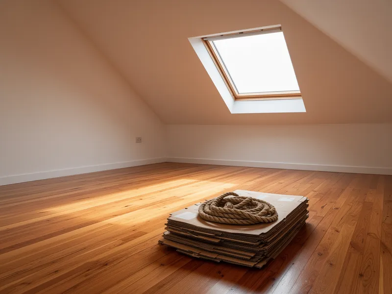 Ein leerer Dachboden mit Holzboden, Morgenlicht fällt durch ein Fenster, Kartonstapel und Seil liegen bereit.