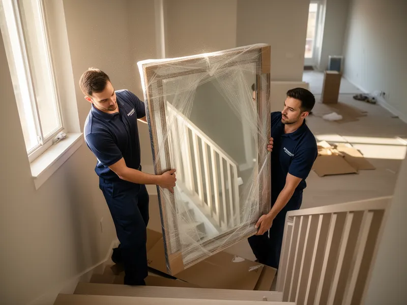 Zwei professionelle Umzugshelfer in blauen Uniformen tragen vorsichtig einen großen, eingepackten Spiegel eine Treppe hinab.