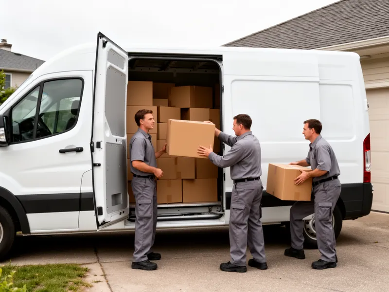 Ein Team von Umzugshelfern in grauen Uniformen lädt Kartons in einen weißen Transporter vor einem Wohnhaus.