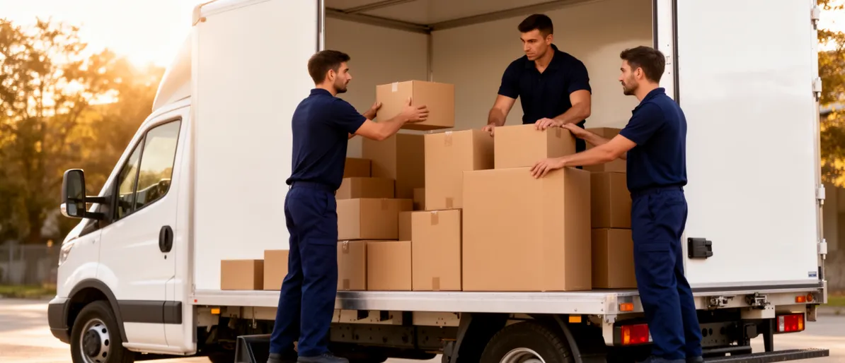 Zwei Umzugshelfer in blauer Arbeitskleidung laden ordentlich gestapelte Kartons in einen unmarkierten Transporter.