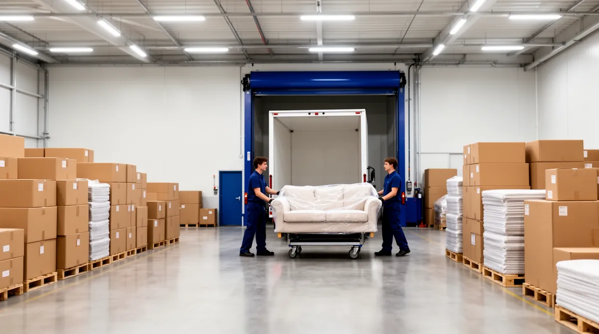 Zwei Arbeiter transportieren eine eingepackte Couch auf einem Rollwagen in einer sauberen Lagerhalle.