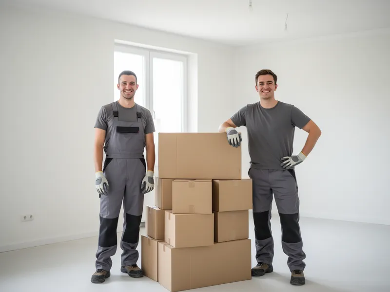 Zwei Arbeiter in grauer Arbeitskleidung lächeln in einer leeren, sauberen Wohnung neben einem Stapel Umzugskartons.