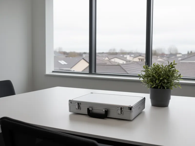 Ein minimalistischer Schreibtisch mit Werkzeugkoffer und Pflanze vor einem Fenster mit Dachblick.