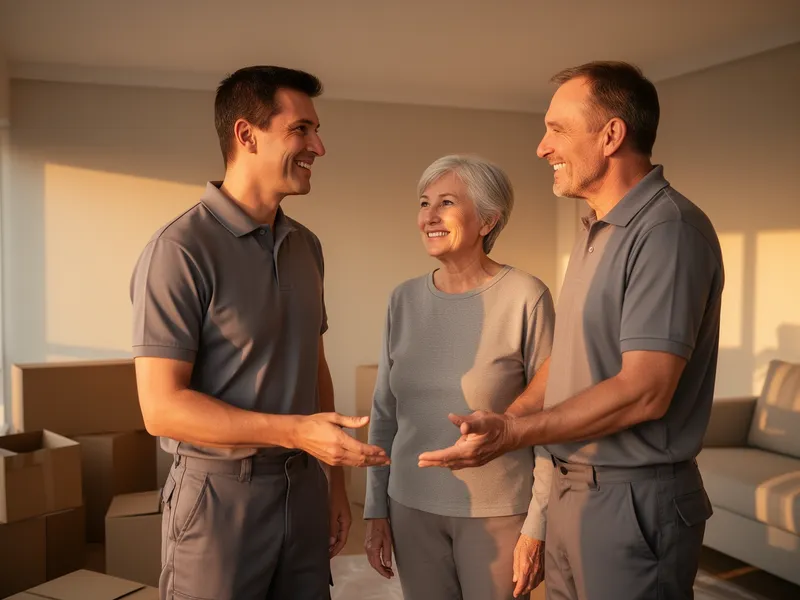 Zwei Umzugshelfer in grauen Uniformen beraten ein älteres Paar in einem leergeräumten Wohnzimmer bei goldenem Abendlicht.