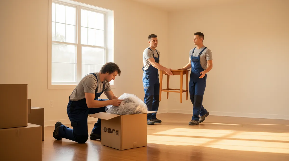 Drei Umzugshelfer arbeiten effizient in einer sonnendurchfluteten, leeren Wohnung beim Verpacken und Tragen.
