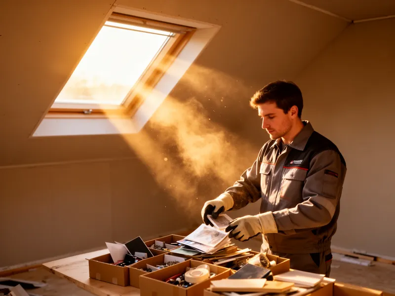 Ein Arbeiter sortiert sorgfältig Gegenstände auf einem hellen Dachboden im warmen Licht der Abendsonne.