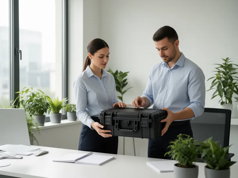 Zwei Fachkräfte in schlichter Arbeitskleidung prüfen einen digitalen Werkzeugkoffer in einem minimalistischen Büro.