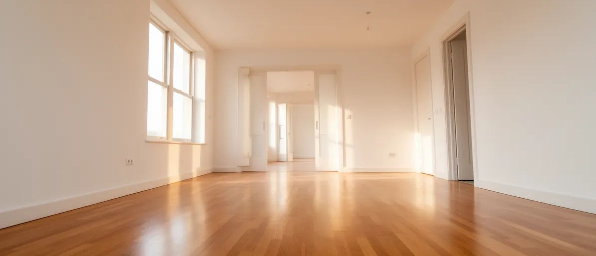 Ein leerer, sonnendurchfluteter Flur mit polierten Holzböden und weißen Wänden in einer geräumten Wohnung.