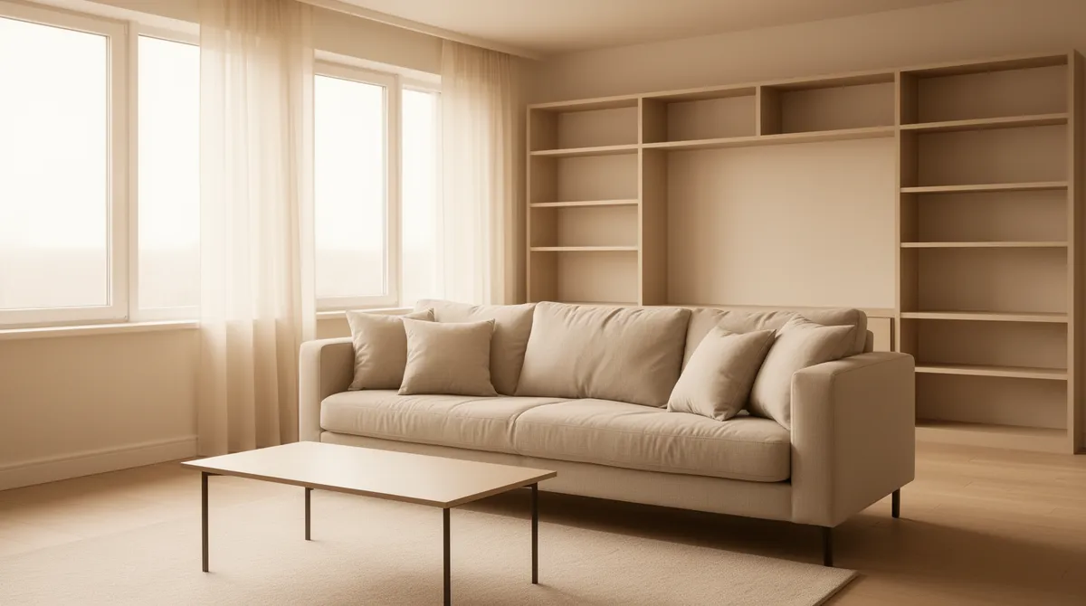 Ein aufgeräumtes Wohnzimmer mit geordnetem Sofa, minimalistischem Tisch und leeren Regalen im Morgenlicht.